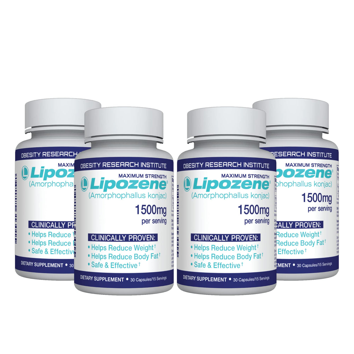 Lipozene frontal del envase mostrando cuatro frascos y beneficios visibles