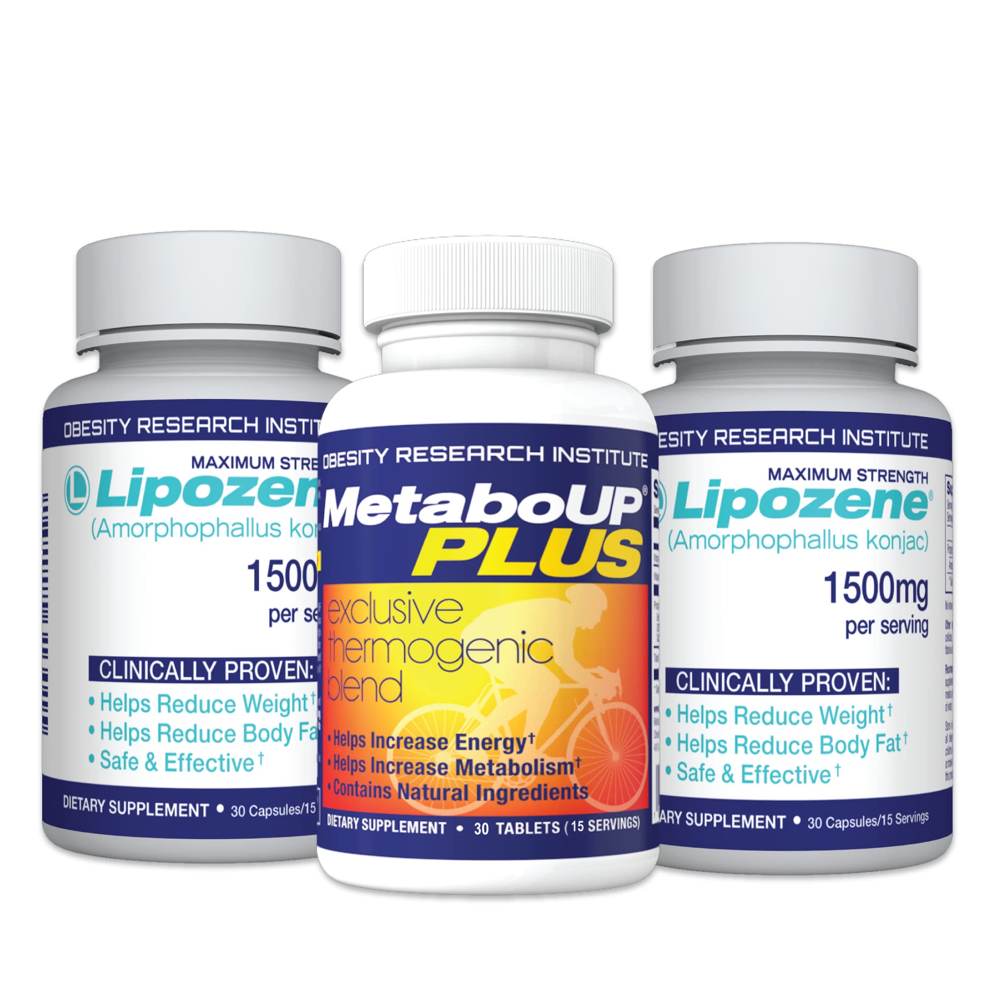 Lipozene paquete frontal mostrando las dos botellas y MetaboUP Plus, evidencia de confianza