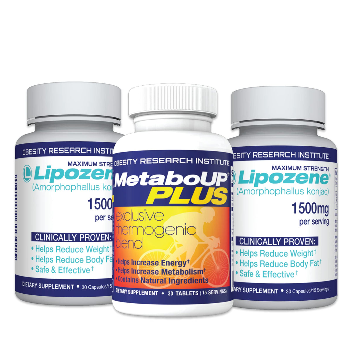 Lipozene paquete frontal mostrando las dos botellas y MetaboUP Plus, evidencia de confianza