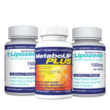 Lipozene paquete frontal mostrando las dos botellas y MetaboUP Plus, evidencia de confianza
