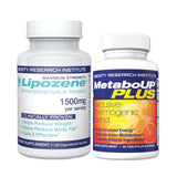 Lipozene pack frontal mostrando ambas botellas y beneficios visibles