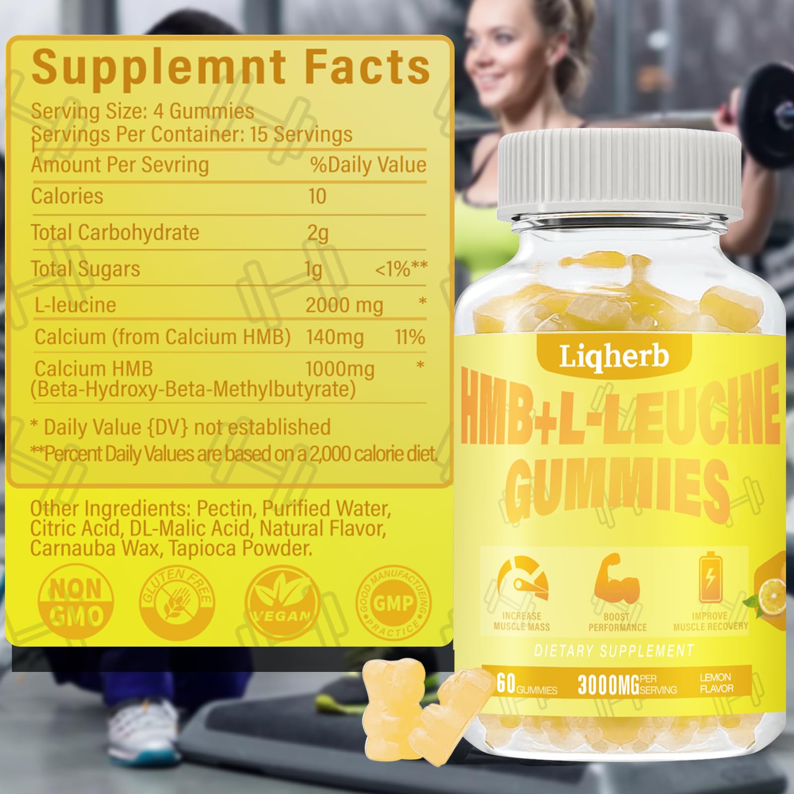 Liqherb gominolas sabor limón en close-up apetitoso y sin colorantes