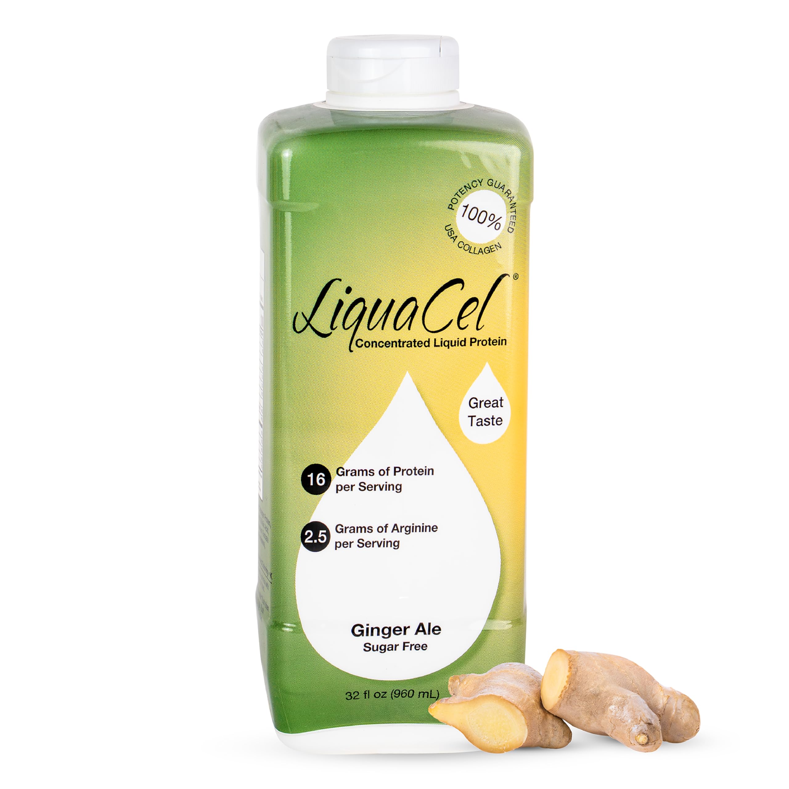 LiquaCel botella frontal 32 fl oz mostrando presentación y sabor ginger-ale beneficios de conveniencia