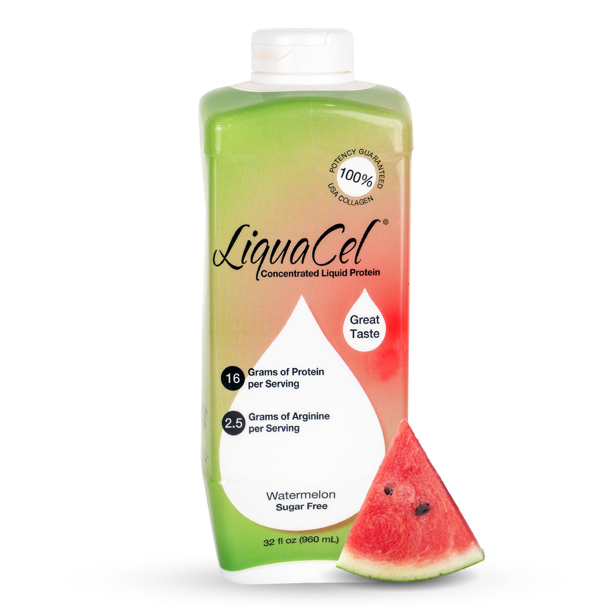 LiquaCel frente de la botella mostrando etiqueta y sabor sandía