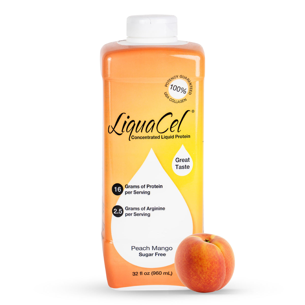 LiquaCel vista frontal de la botella mostrando sabor durazno mango y tamaño práctico
