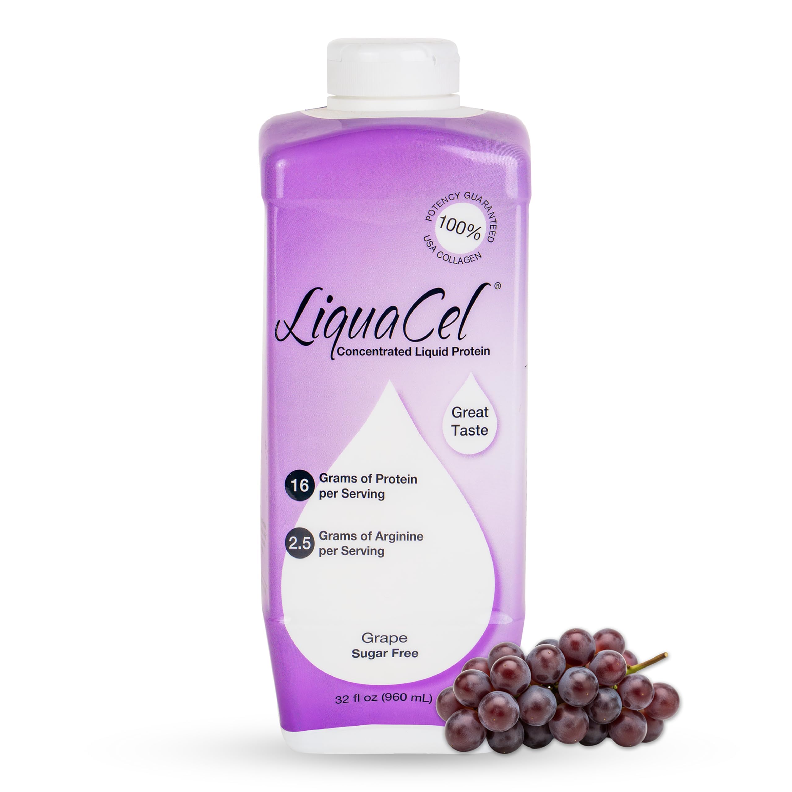 LiquaCel botella frontal mostrando tamaño y sabor uva, práctico para pacientes