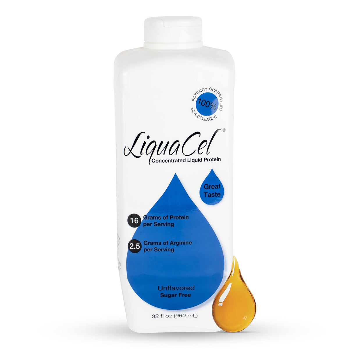 LiquaCel botella frontal mostrando etiqueta y volumen, facilita administración diaria