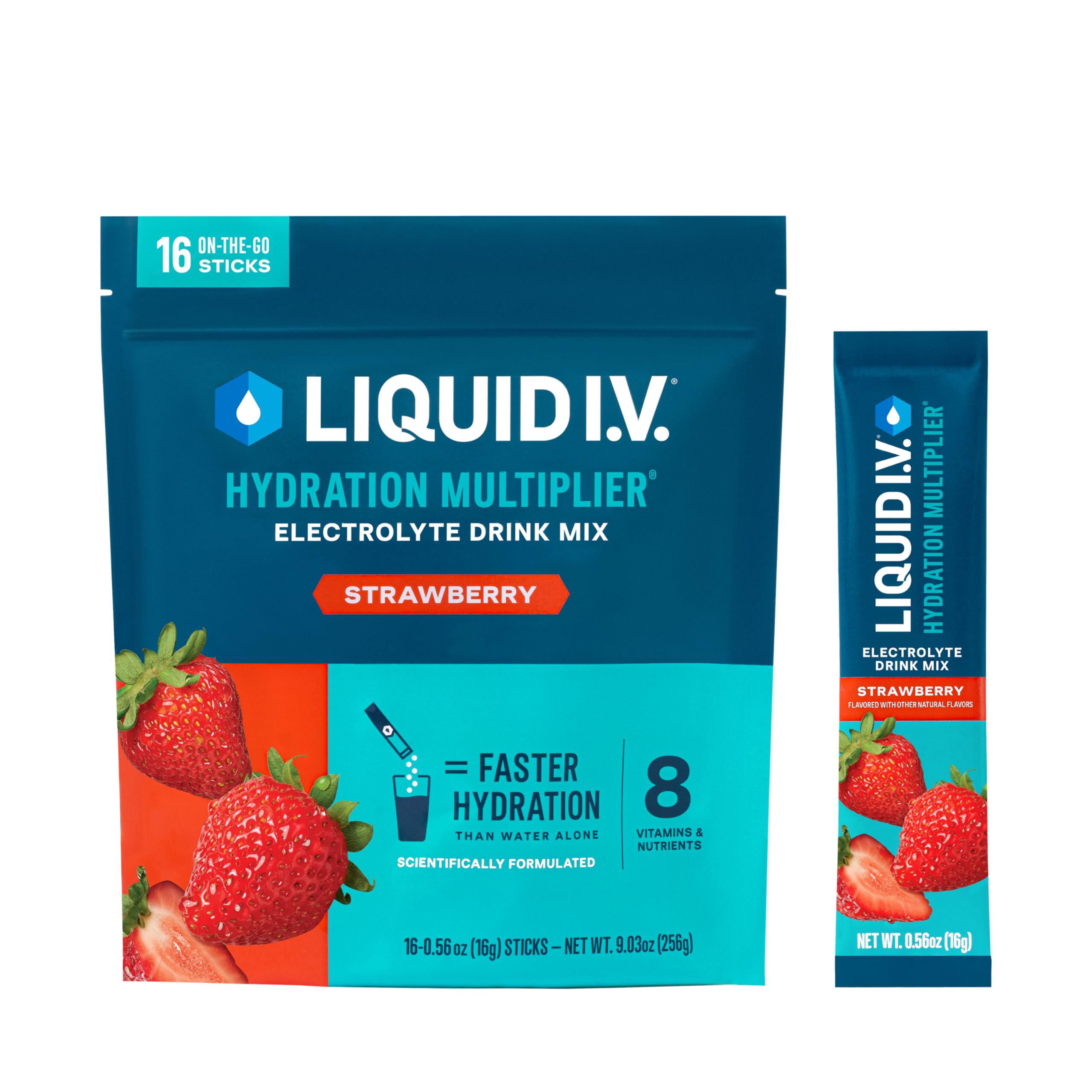 Liquid I.V. vista frontal del paquete que muestra sabor fresa y conveniencia