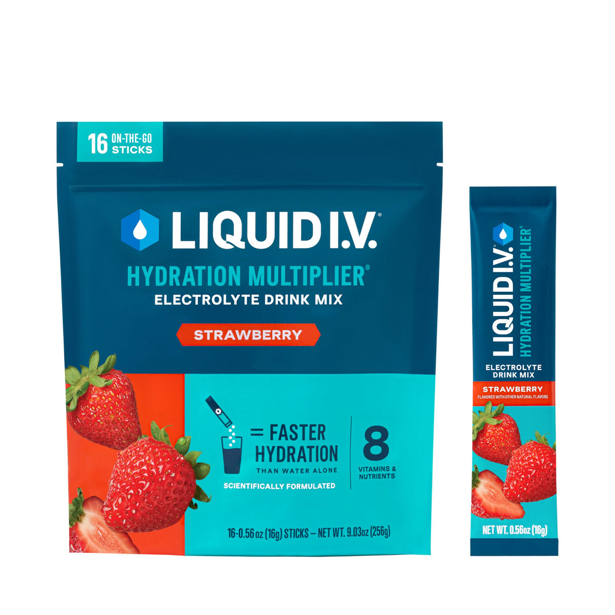 Liquid I.V. vista frontal del paquete que muestra sabor fresa y conveniencia
