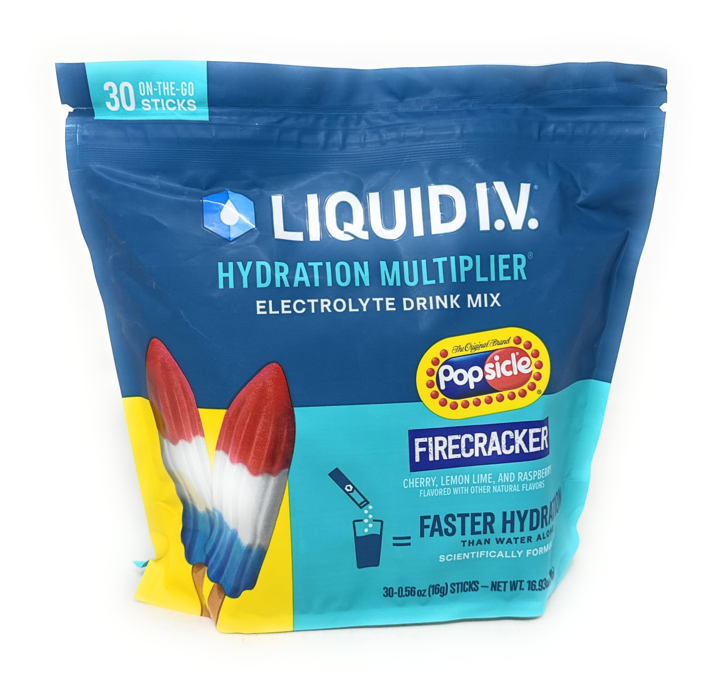 Liquid I.V. frente del empaque con diseño Popsicle Firecracker y fácil identificación