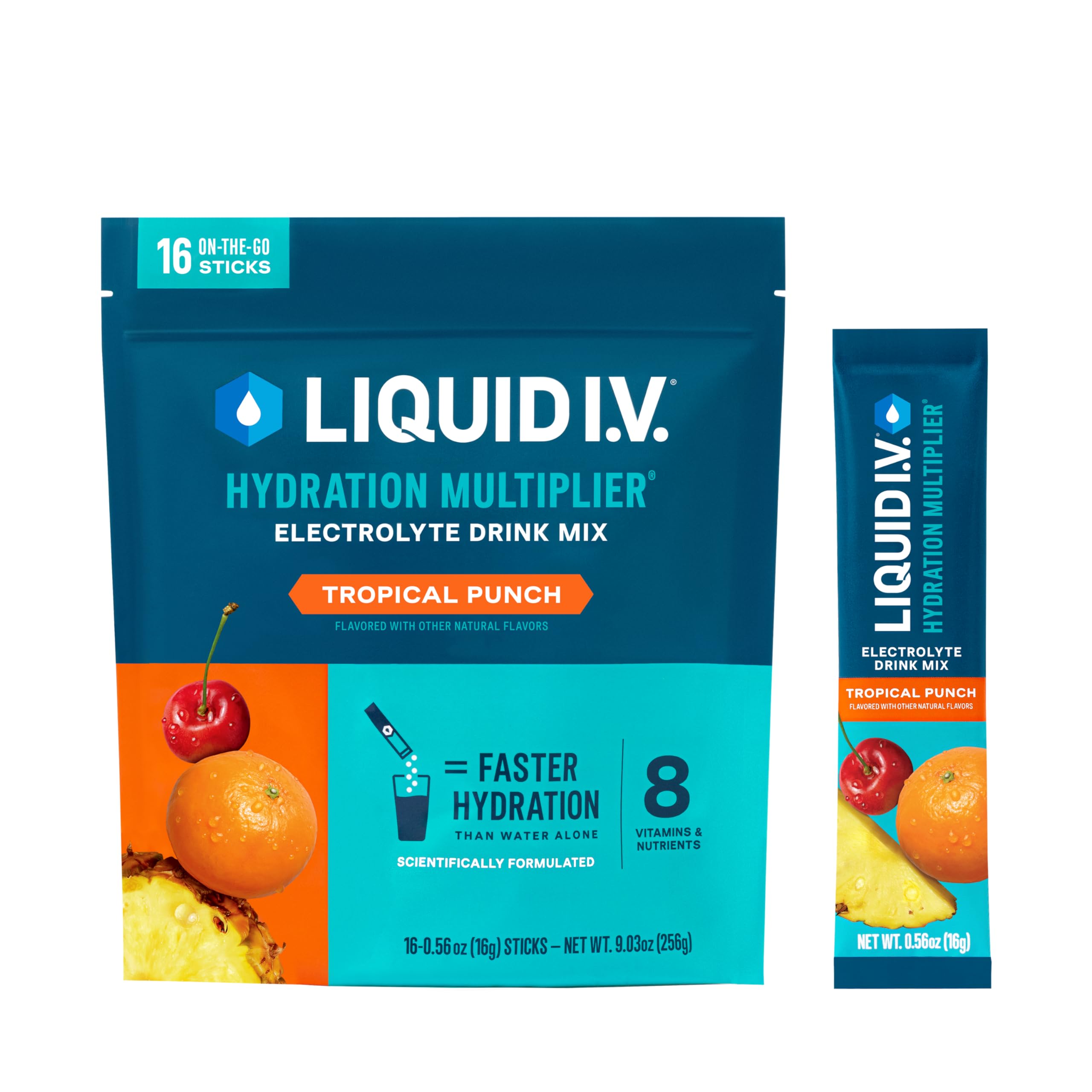 Liquid I.V. frontal del paquete Tropical Punch mostrando presentación y conveniencia