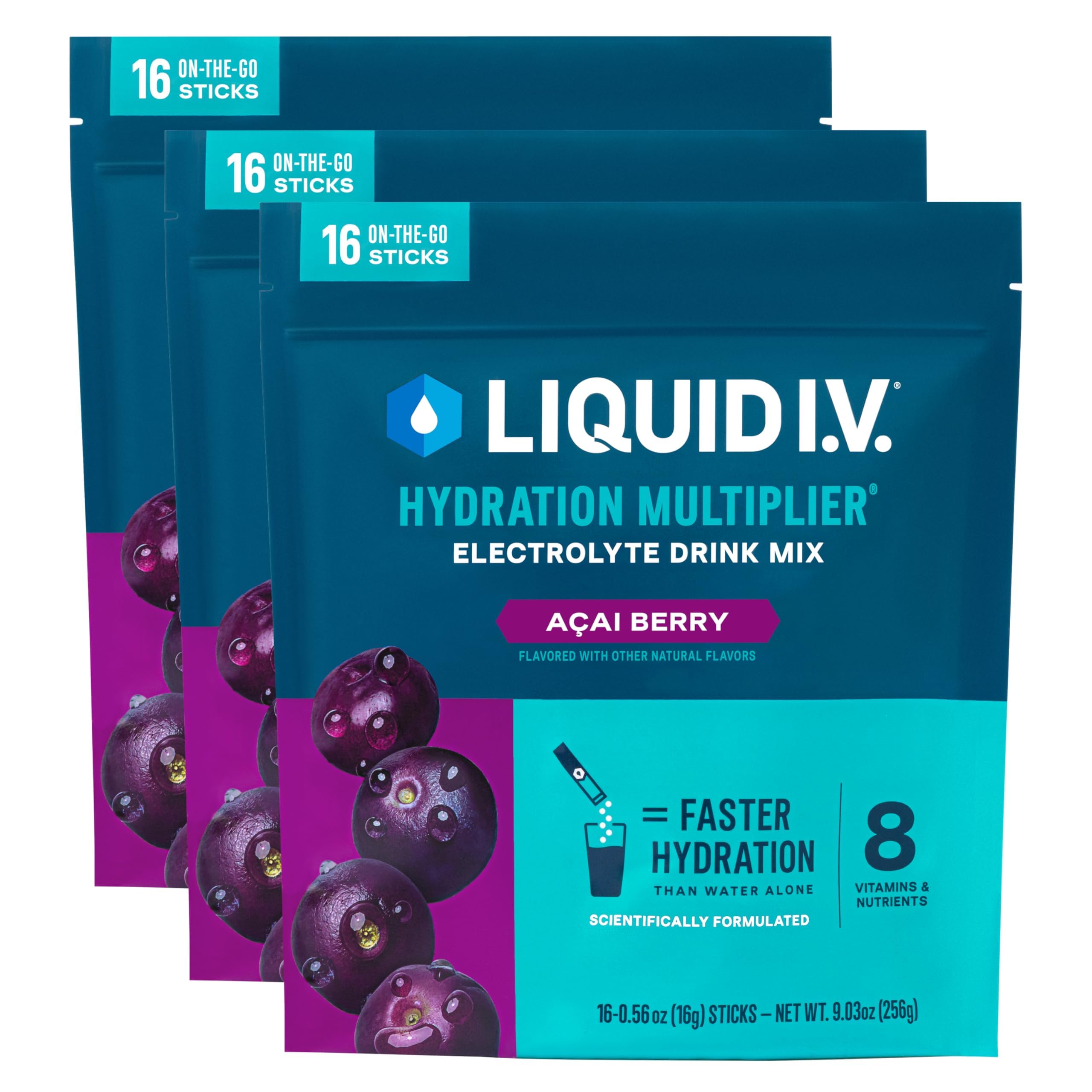 Liquid I.V. frente del empaque mostrando 48 sobres y conveniencia