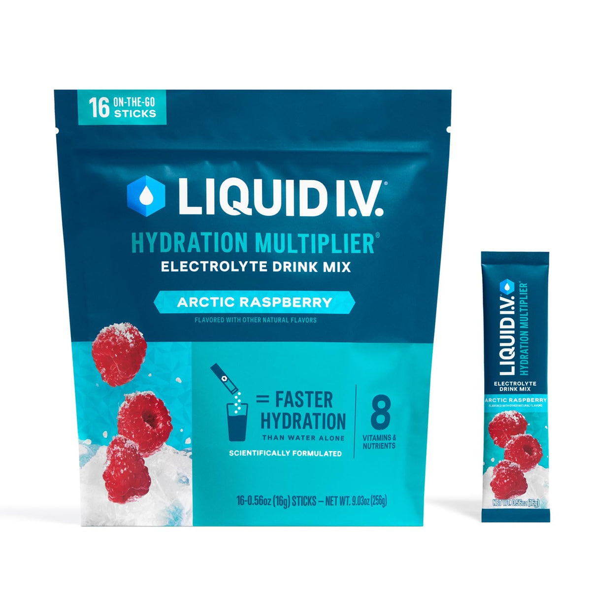 Liquid I.V. frente del empaque mostrando 16 sobres y fácil transporte