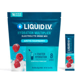 Liquid I.V. frente del empaque mostrando 16 sobres y fácil transporte