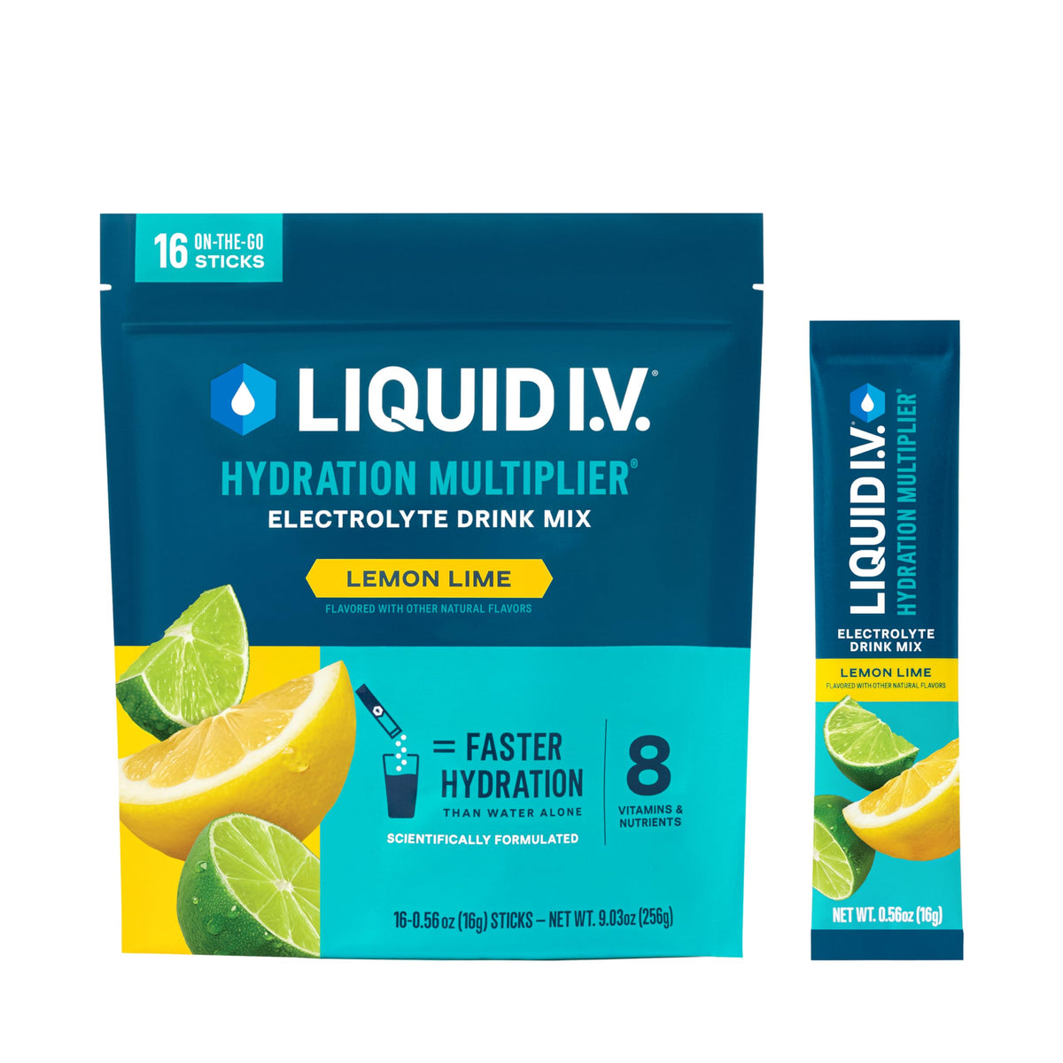Liquid I.V. caja frontal Lemon Lime mostrando sobres y beneficio de hidratación rápida