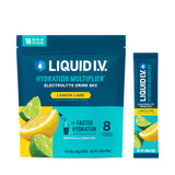 Liquid I.V. caja frontal Lemon Lime mostrando sobres y beneficio de hidratación rápida