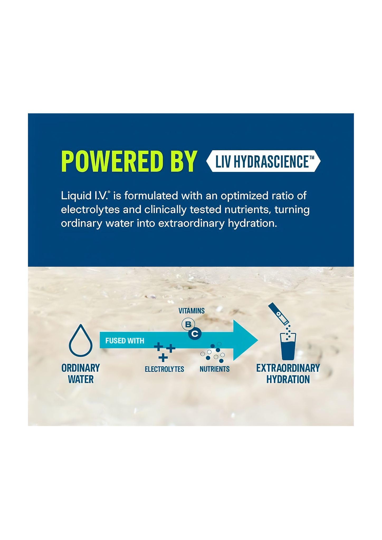 Liquid I.V. foto comparativa de tamaño del sobre junto a una botella de agua