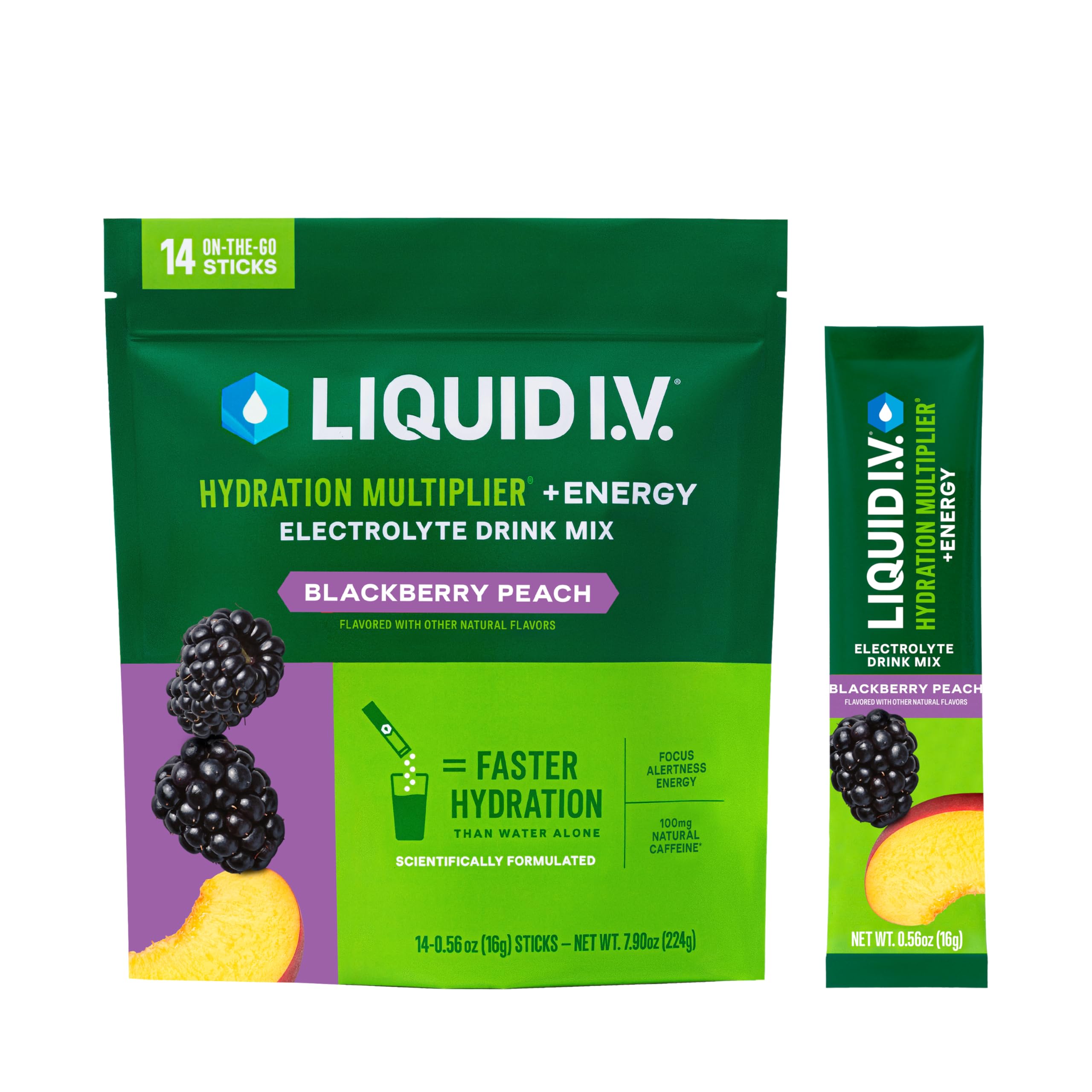Liquid I.V. embalaje frontal BlackBerry Peach mostrando beneficios de hidratación