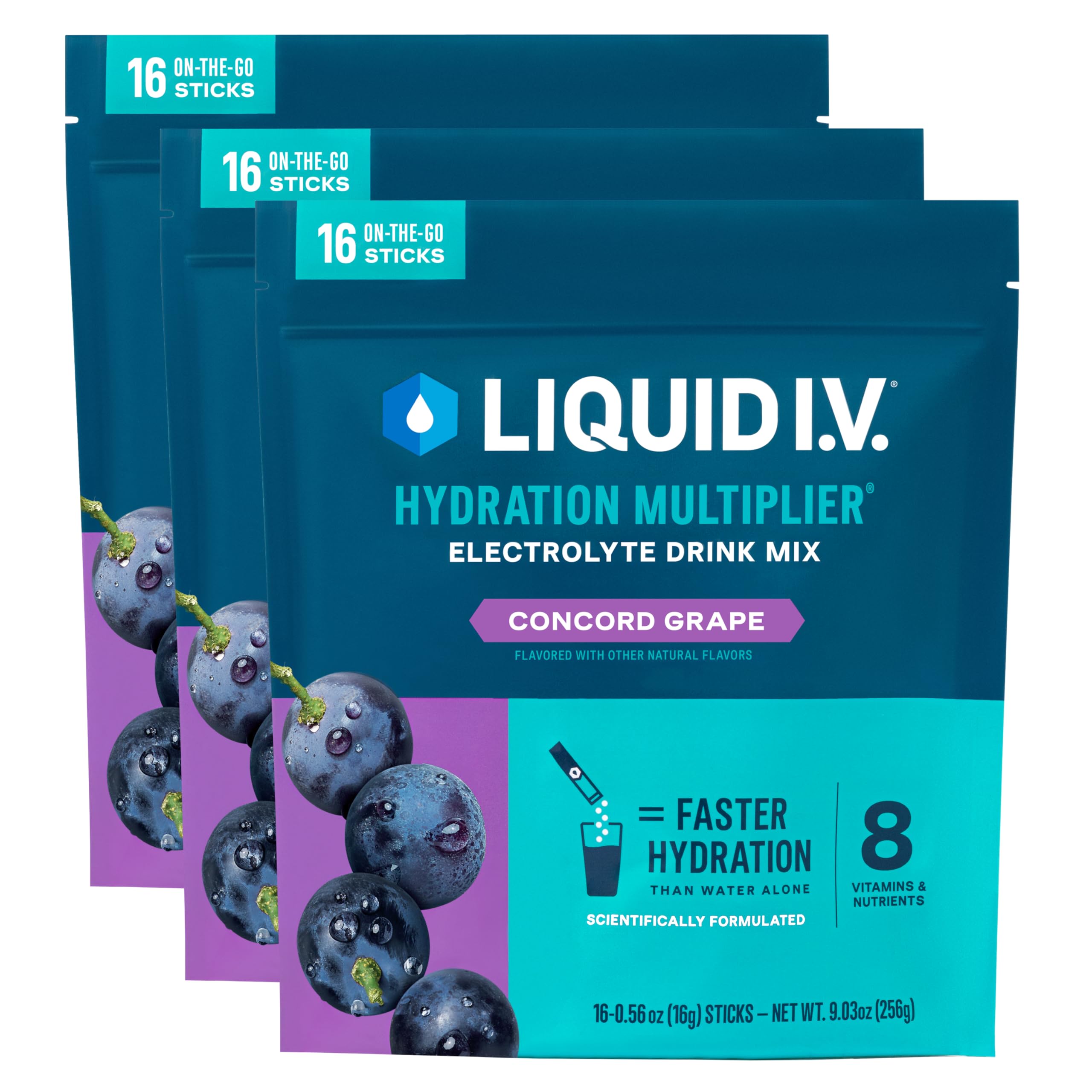 Liquid I.V. empaque frontal uva mostrando 48 sobres y ventajas portátiles