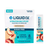 Liquid I.V. empaque frontal White Peach mostrando sobres portátiles y beneficios