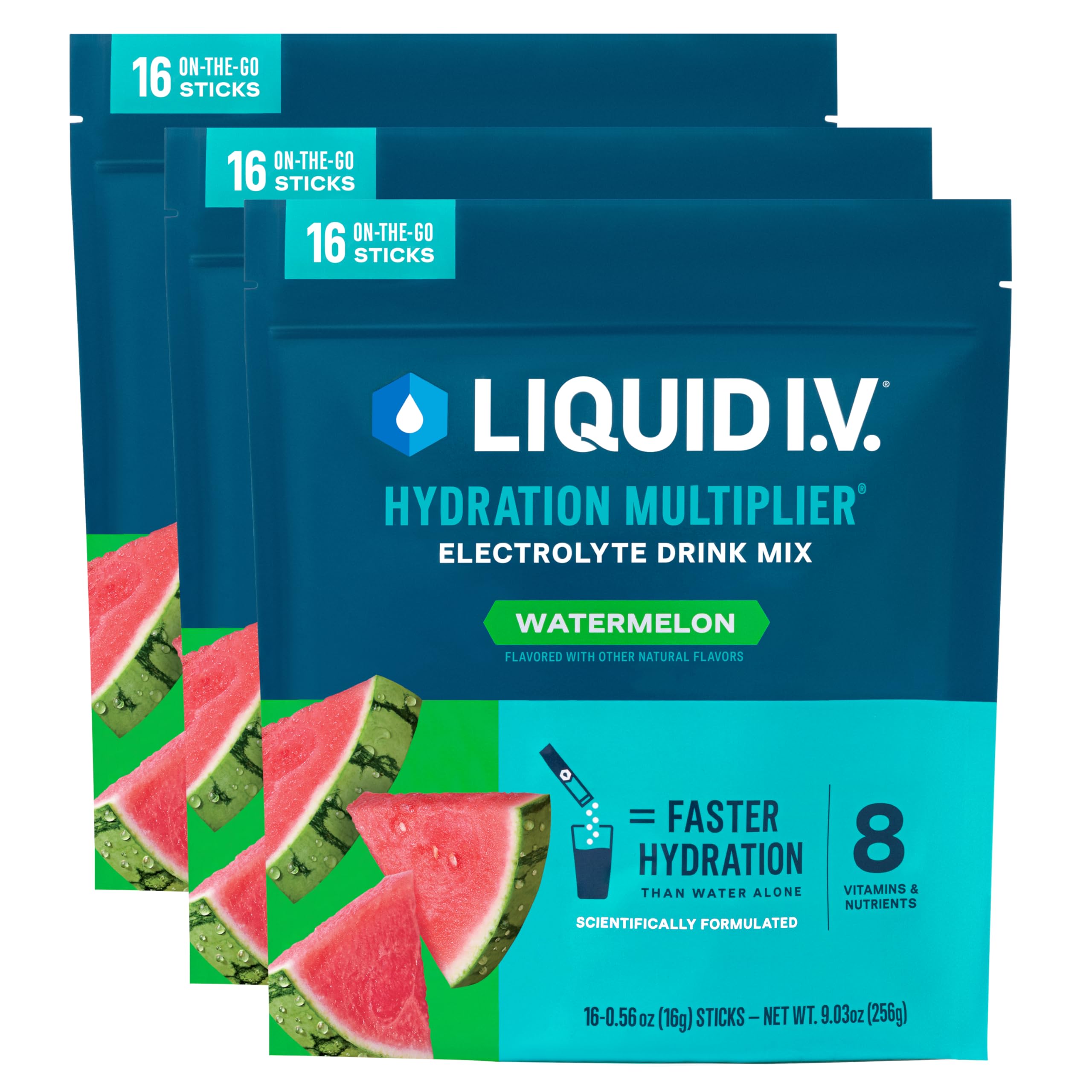 Liquid I.V. envase frontal de 48 sobres muestra la conveniencia y cantidad