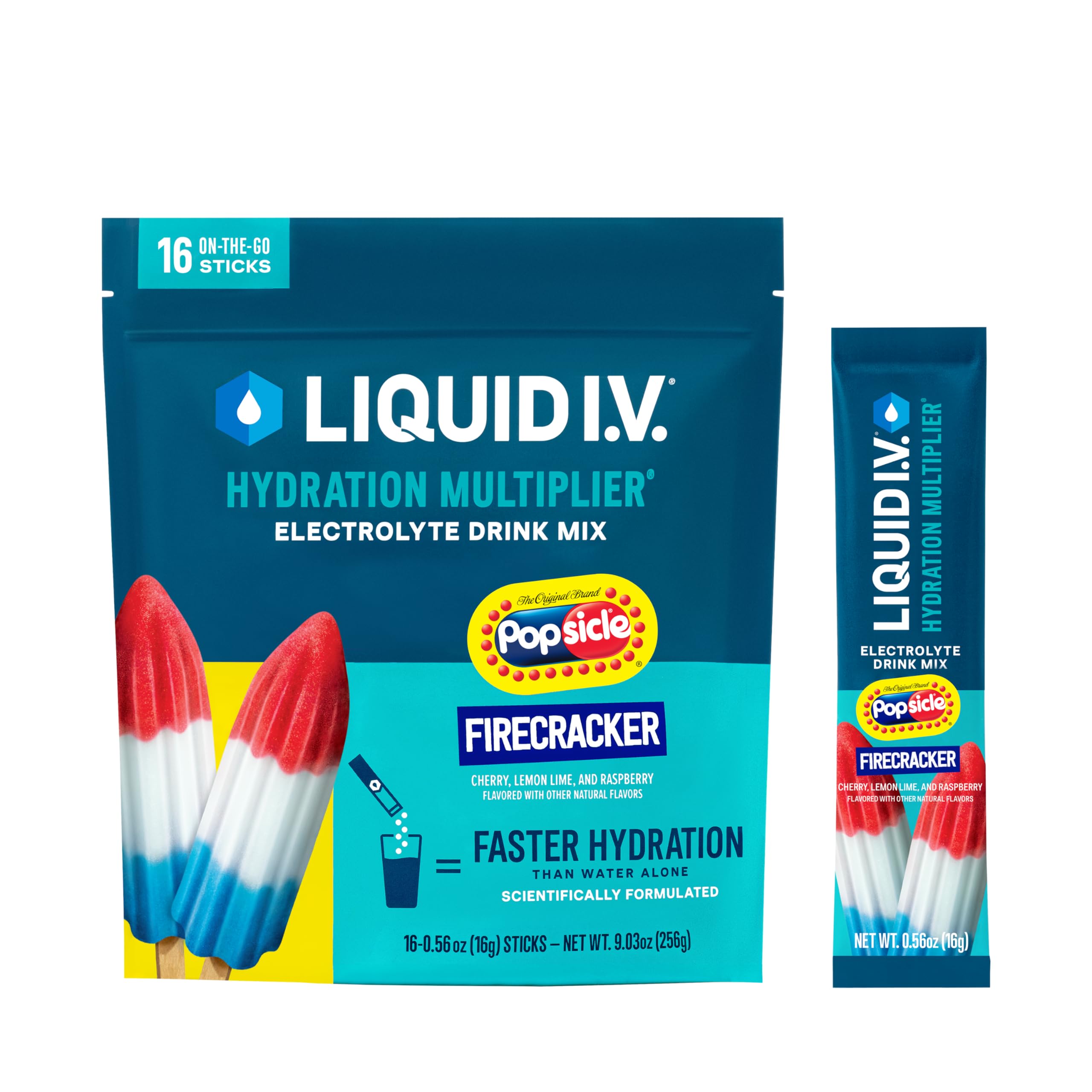 Liquid I.V. empaque Firecracker frente mostrando sabor y beneficio de hidratación rápida