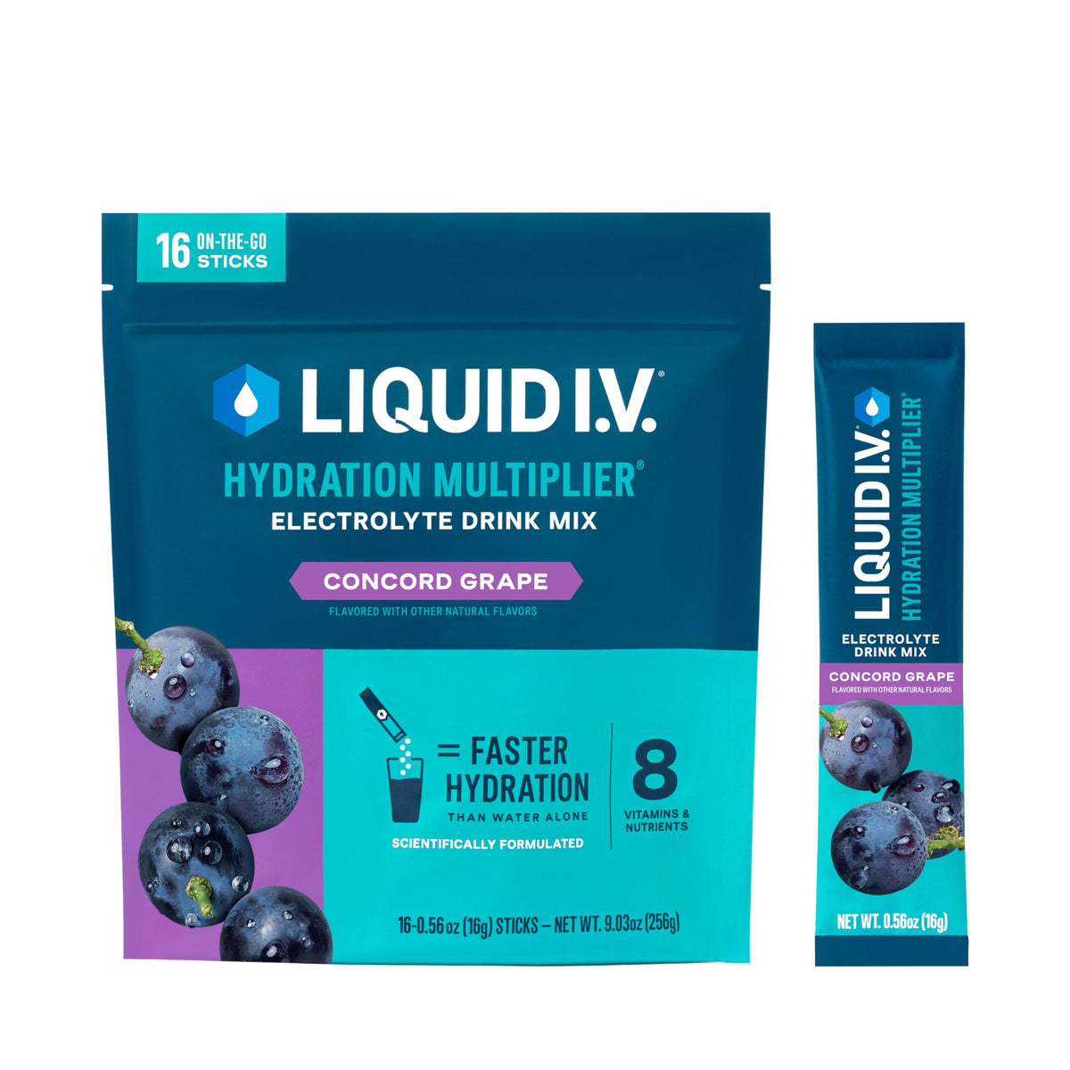 Liquid I.V. frasco delantero con sobres mostrando diseño y conveniencia
