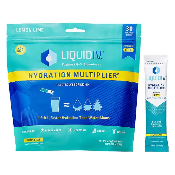 Liquid I.V. frente del empaque mostrando 28 sobres para rehidratación rápida y portable