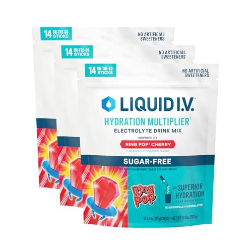 Liquid I.V. empaque frontal Ring Pop mostrando 42 sobres y práctico formato