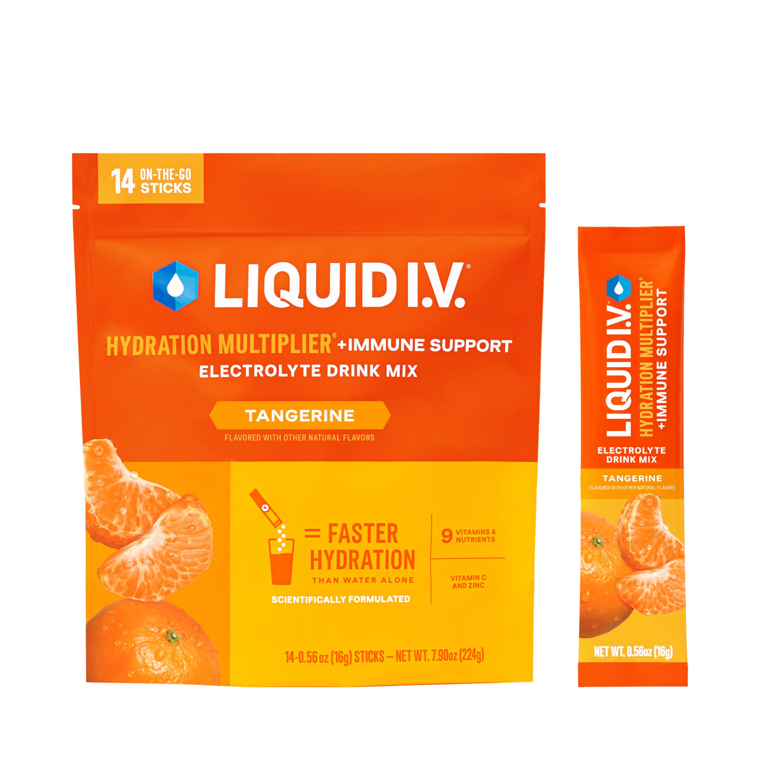 Liquid I.V. empaque frontal sabor Tangerine mostrando caja y marca clara