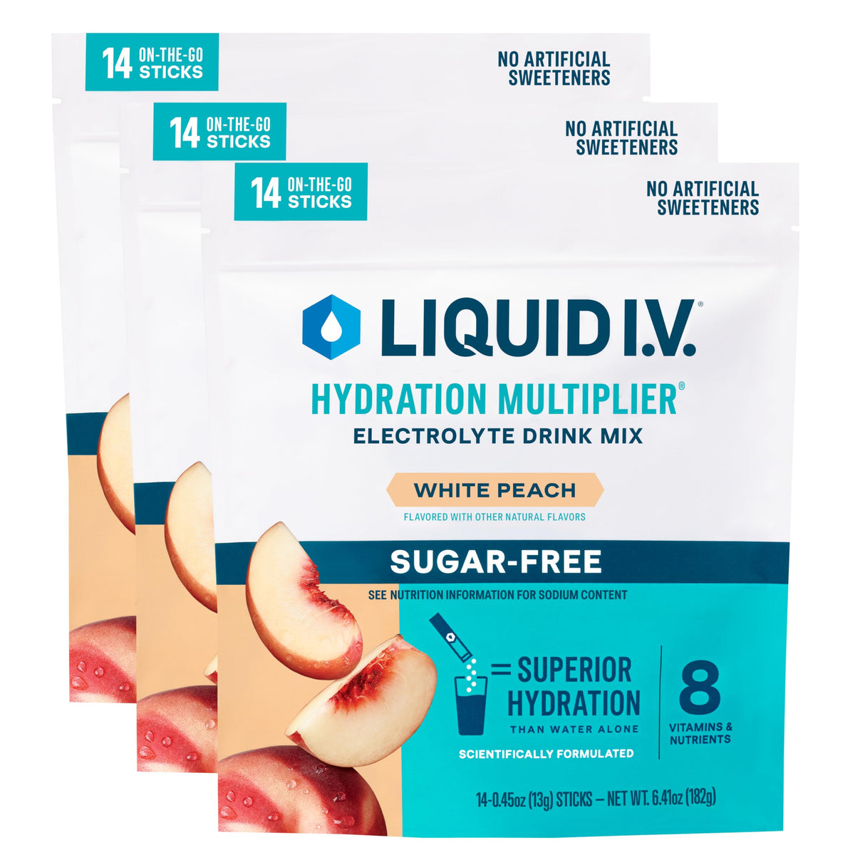 Liquid I.V. empaque frontal White Peach mostrando 42 sobres y beneficios