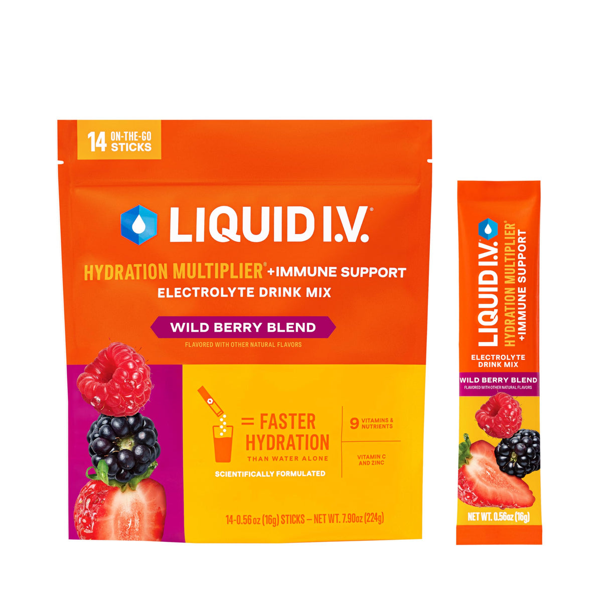 Liquid I.V. frente del empaque Wild Berry mostrando 14 sobres y marca