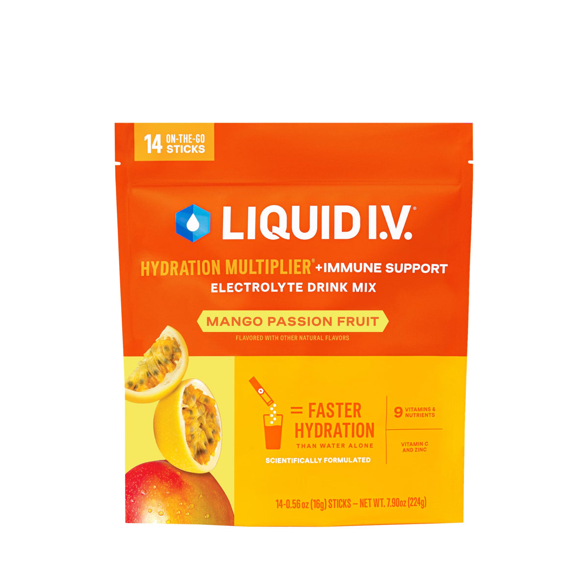 Liquid I.V. frente del empaque mostrando 14 sobres y sabor mango passionfruit para conveniencia
