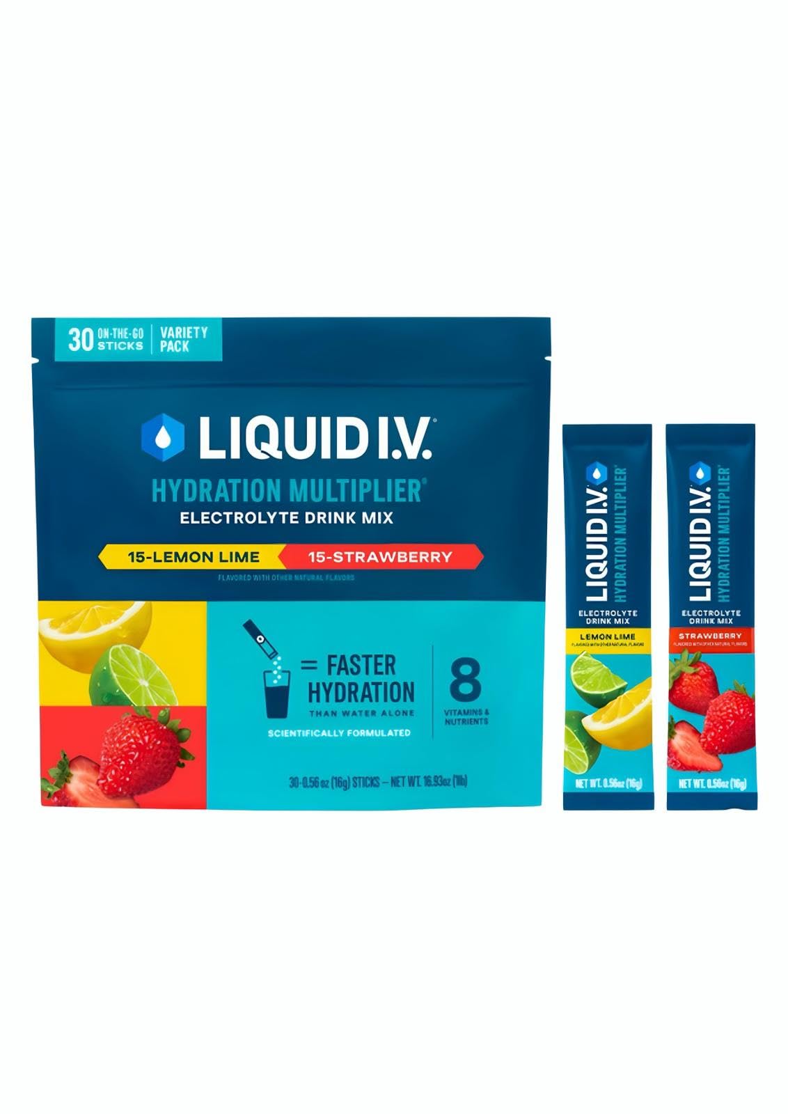 Liquid I.V. frente del empaque mostrando 30 sobres y beneficios de hidratación