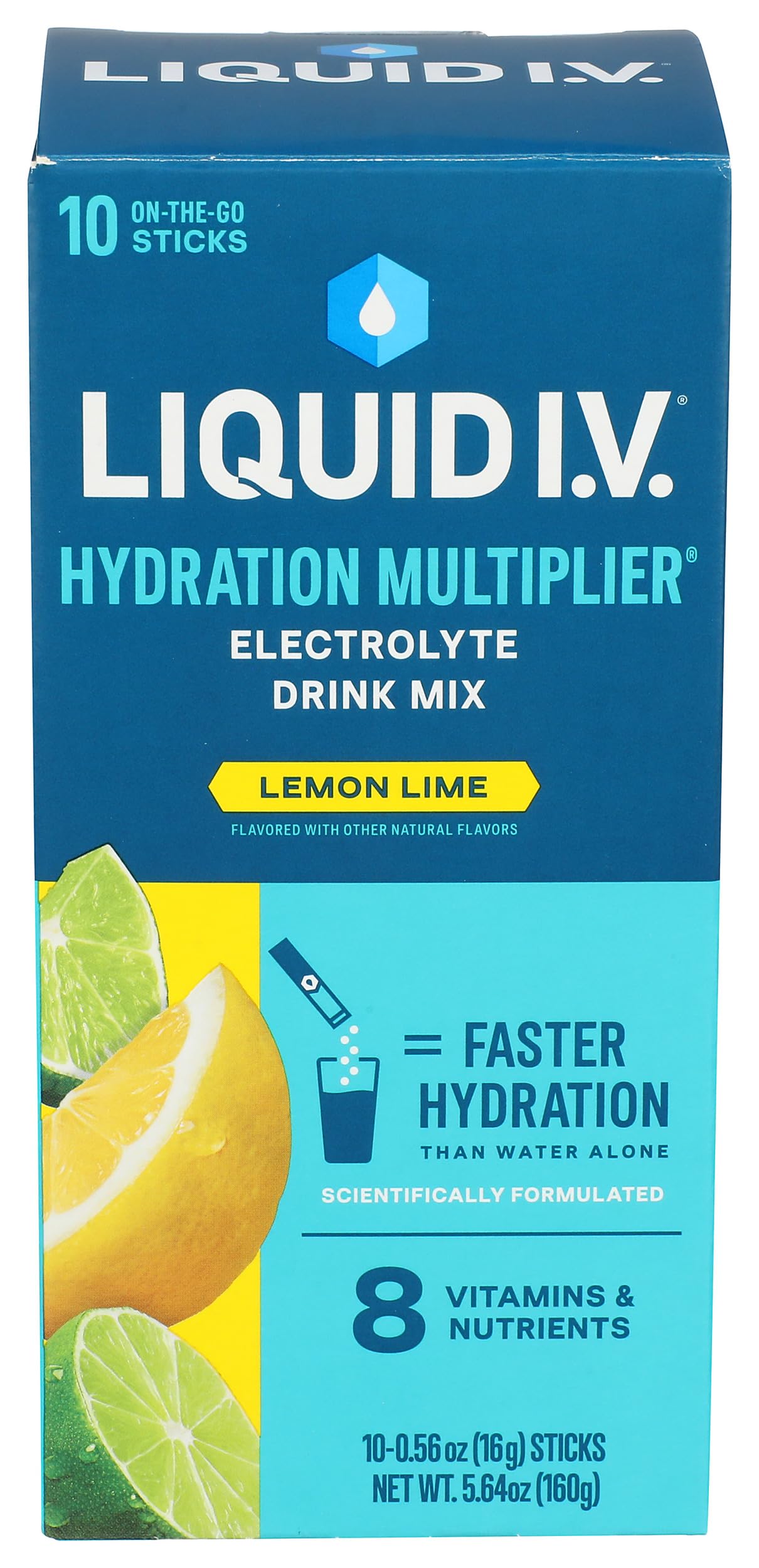 Liquid I.V. frente del empaque mostrando 10 sobres y beneficio hidratación rápida