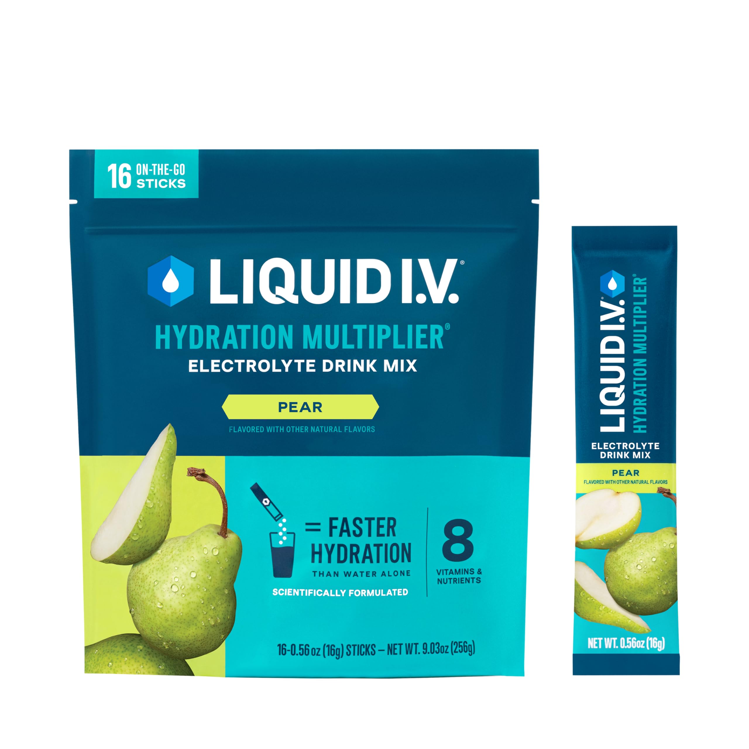 Liquid I.V. frente del paquete sabor pera mostrando la marca y beneficios