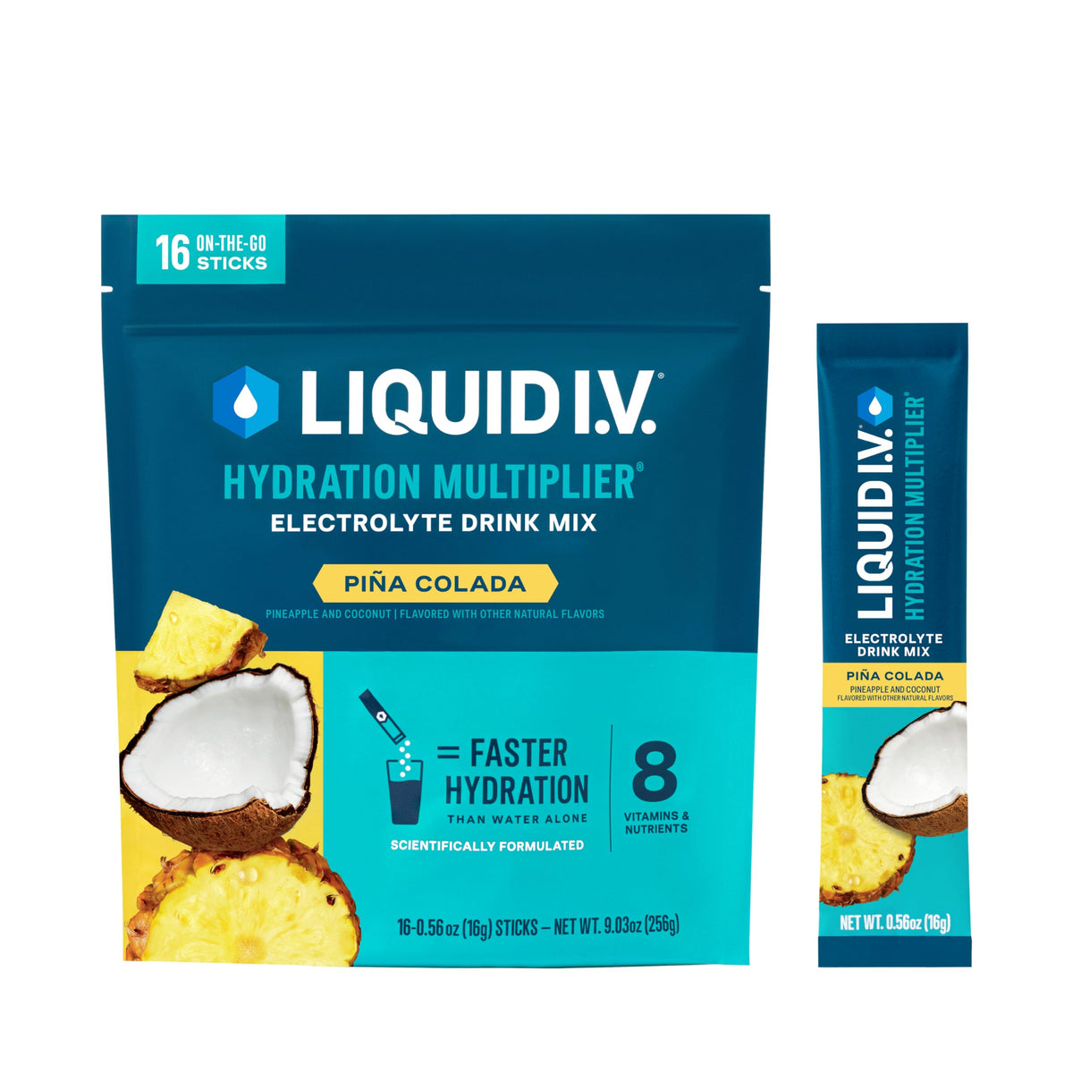 Liquid I.V. frente del paquete mostrando 16 sobres y beneficios para hidratación