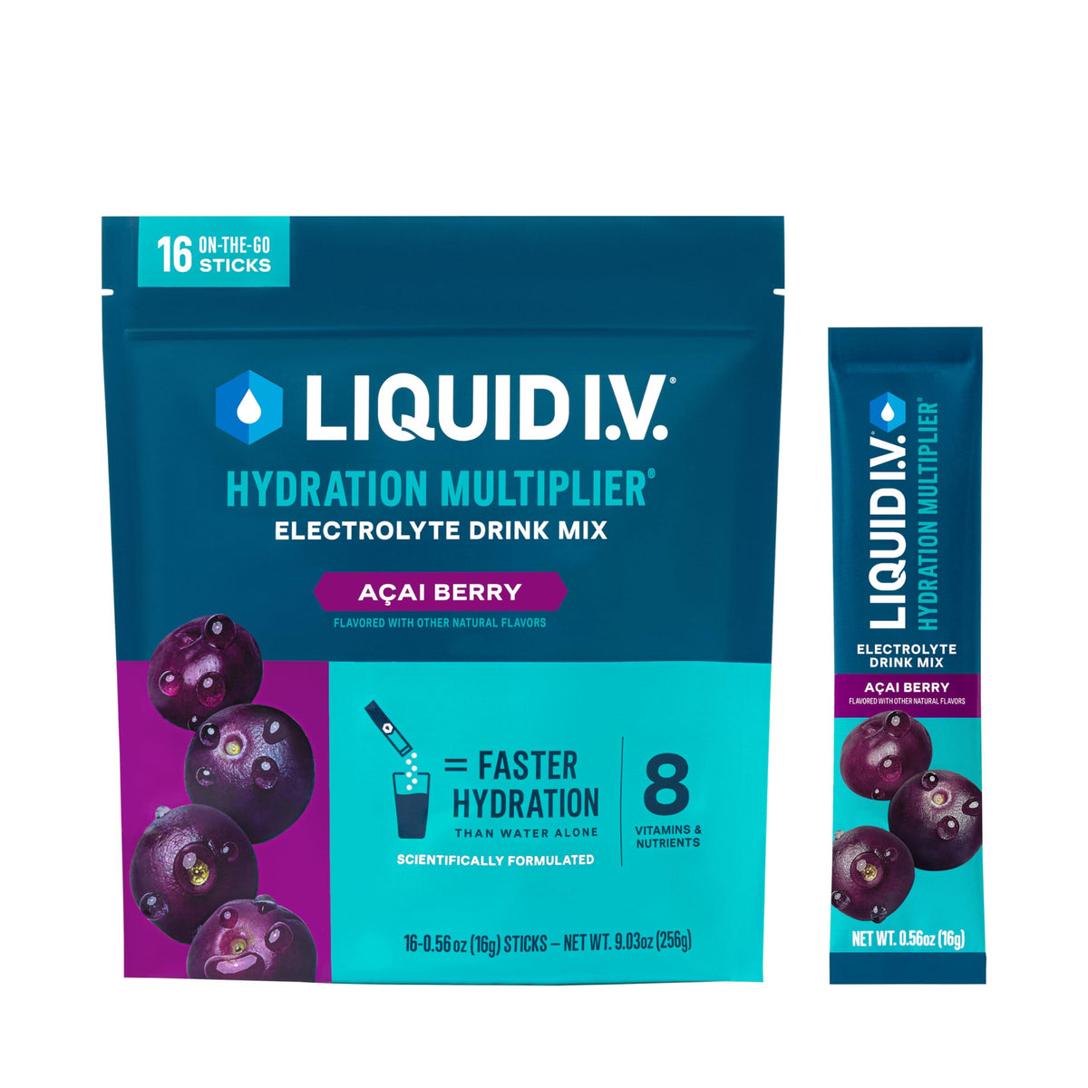 Liquid I.V. frente del paquete Açaí Berry mostrando presentación y beneficios