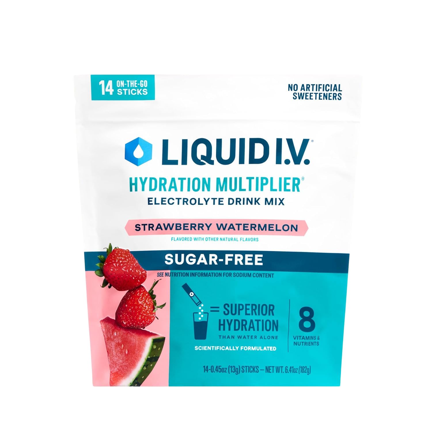 Liquid I.V. frente del empaque mostrando sobres y beneficios visibles