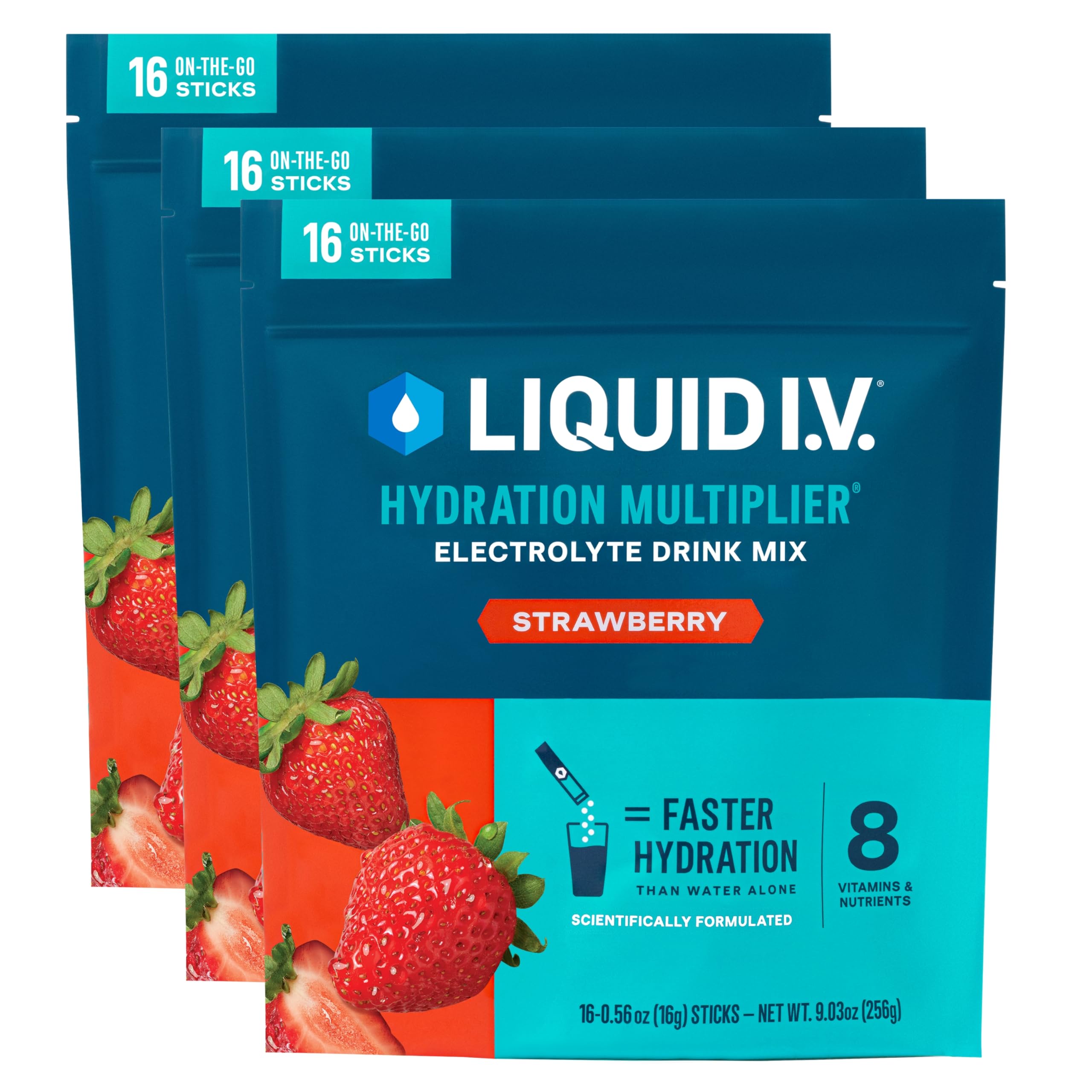 Liquid I.V. frente del empaque con 48 sobres mostrando conveniencia