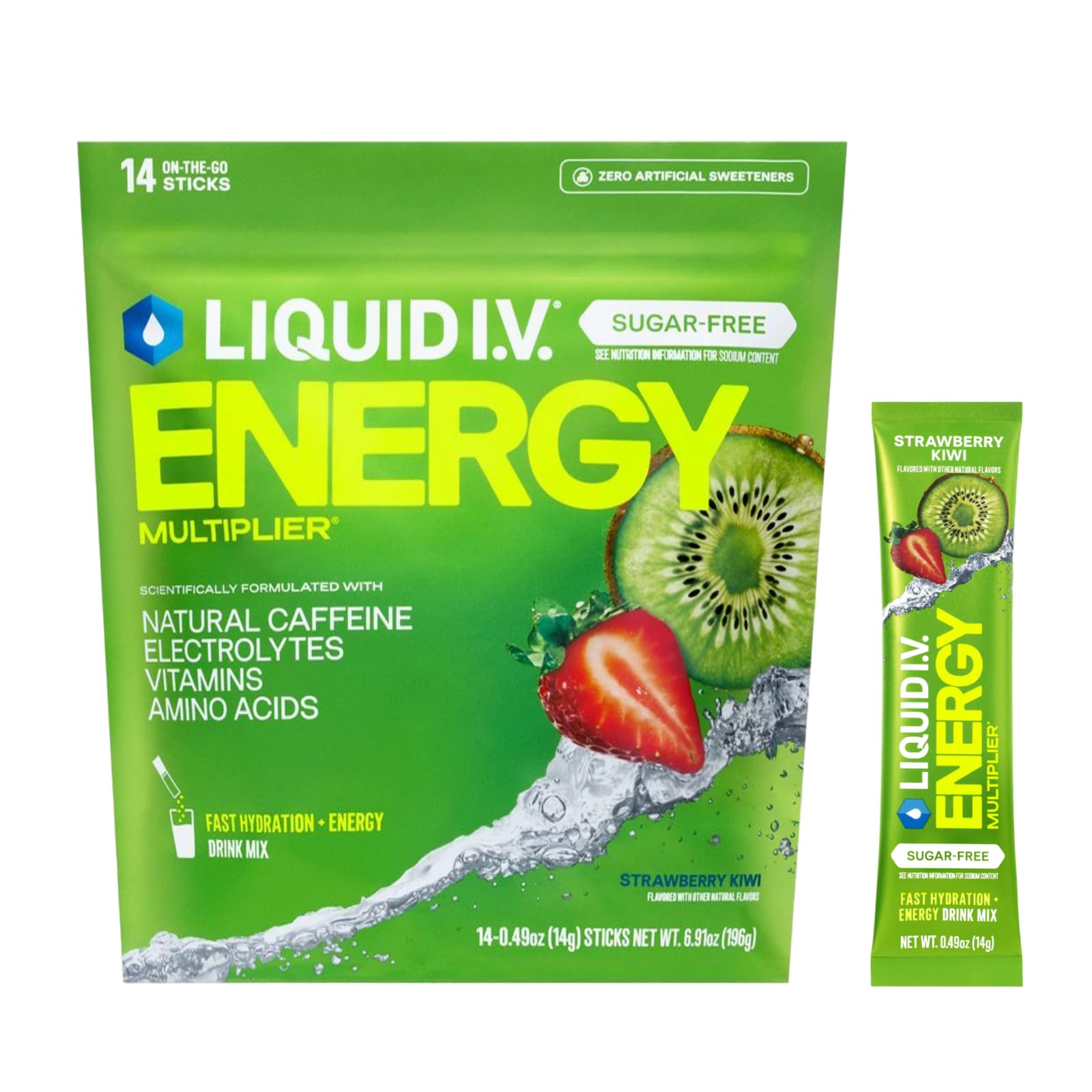 Liquid I.V. frente del empaque mostrando diseño y cantidad útil