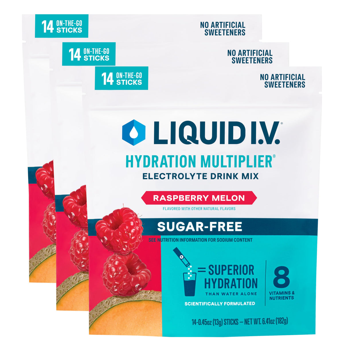Liquid I.V. frontal caja Raspberry Melon mostrando 42 sobres y claridad del envase