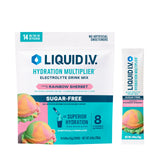 Liquid I.V. paquete frontal Rainbow Sherbet mostrando diseño y beneficio hidratación