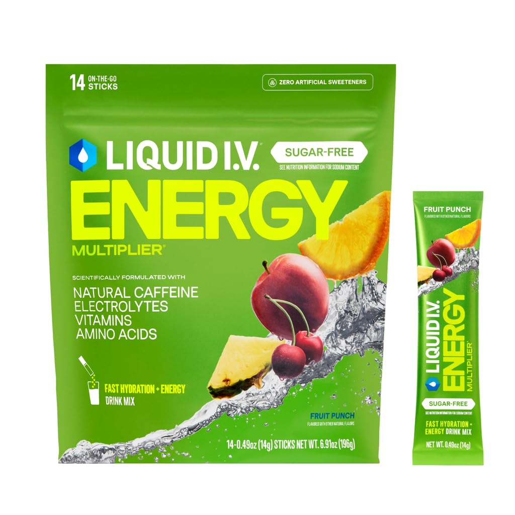 Liquid I.V. empaque frontal Fruit Punch mostrando práctico y portátil