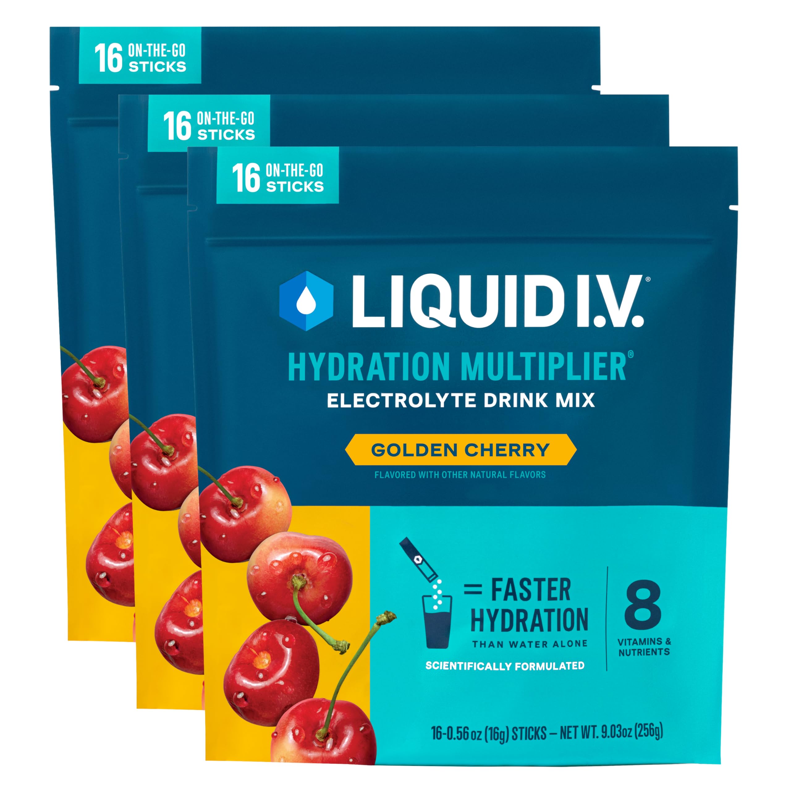 Liquid I.V. frente del empaque con 48 sobres mostrando conveniencia