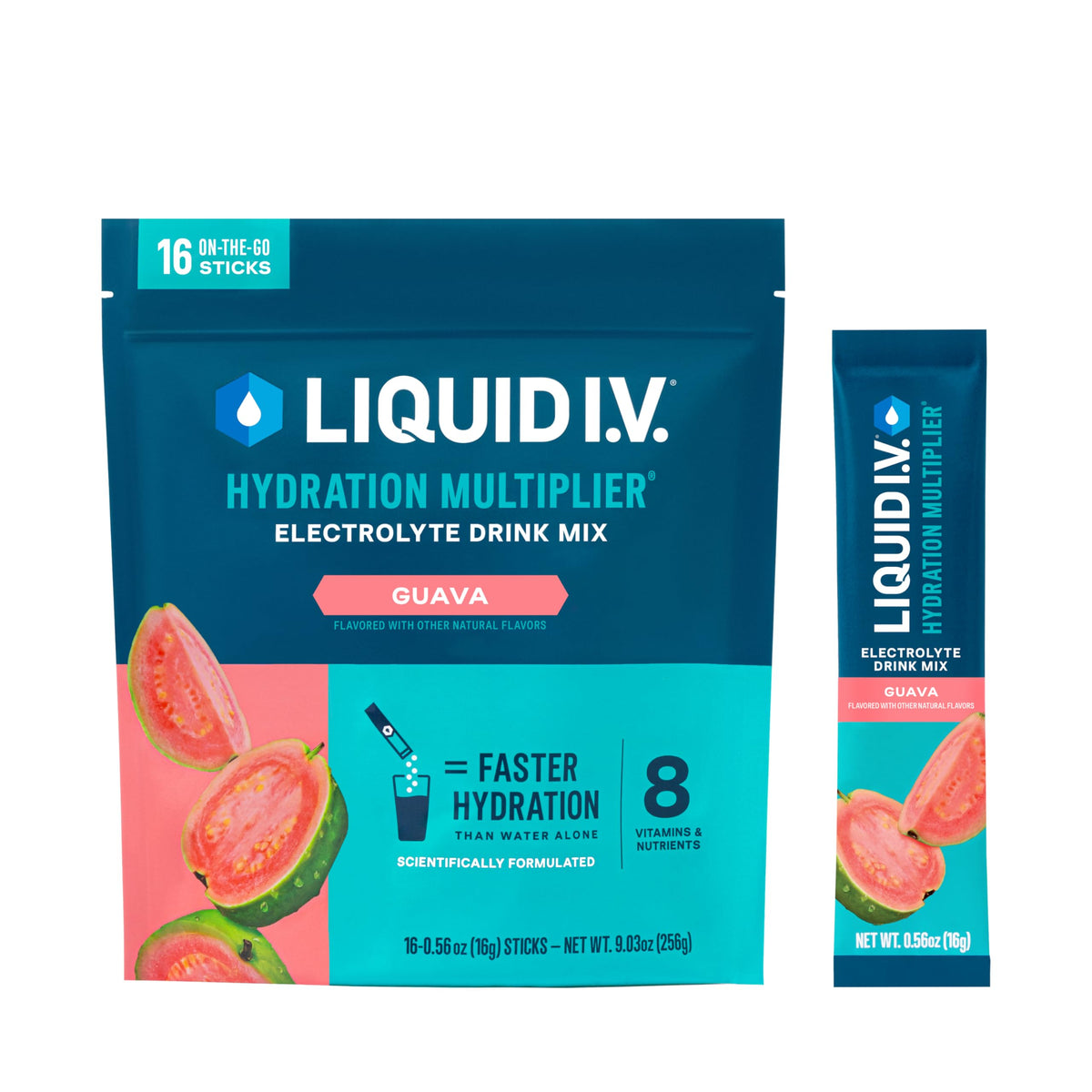 Liquid I.V. frente del empaque mostrando 16 sobres y utilidad portátil