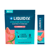 Liquid I.V. frente del empaque mostrando 16 sobres y utilidad portátil