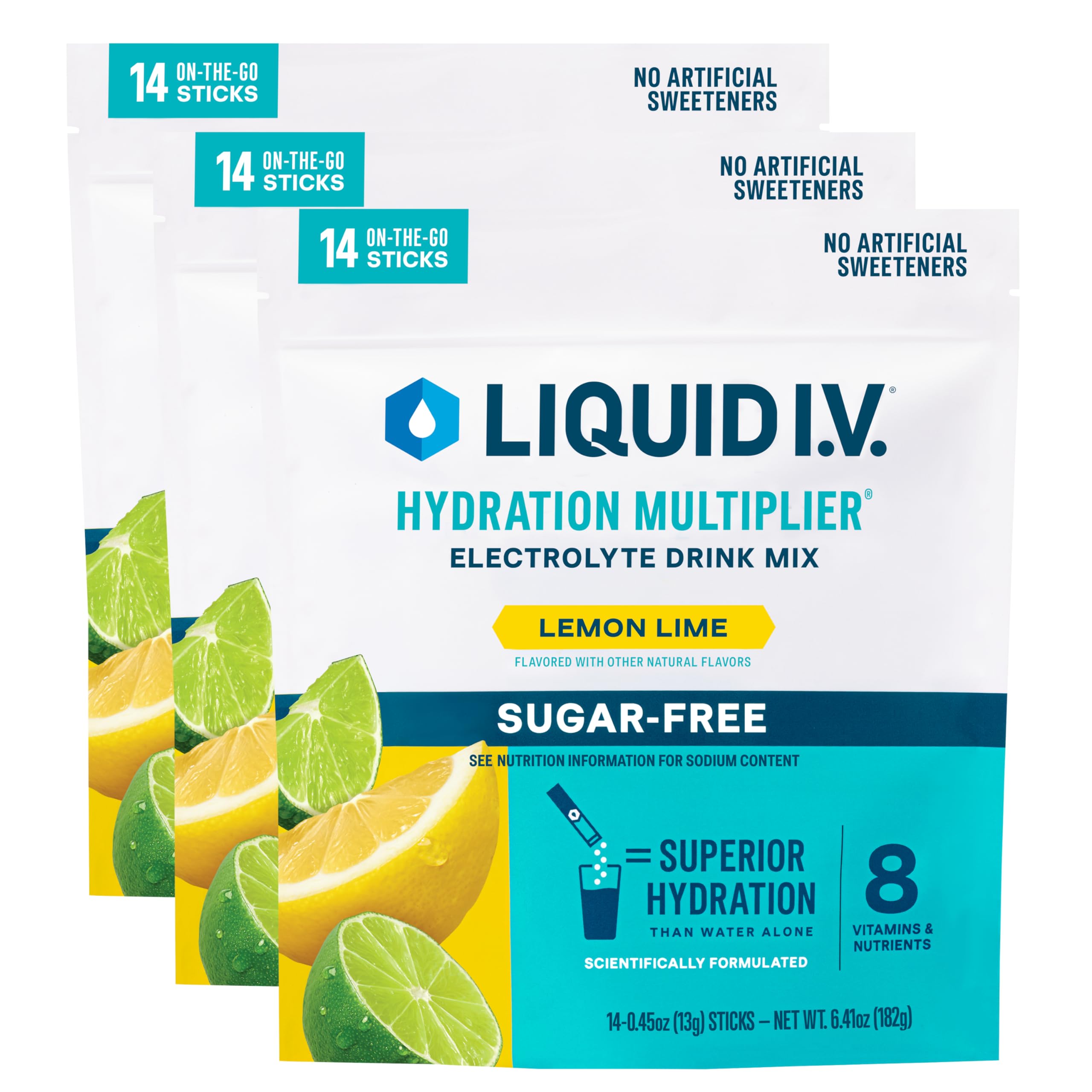 Liquid I.V. empaque frontal de Lemon Lime mostrando presentación y beneficios