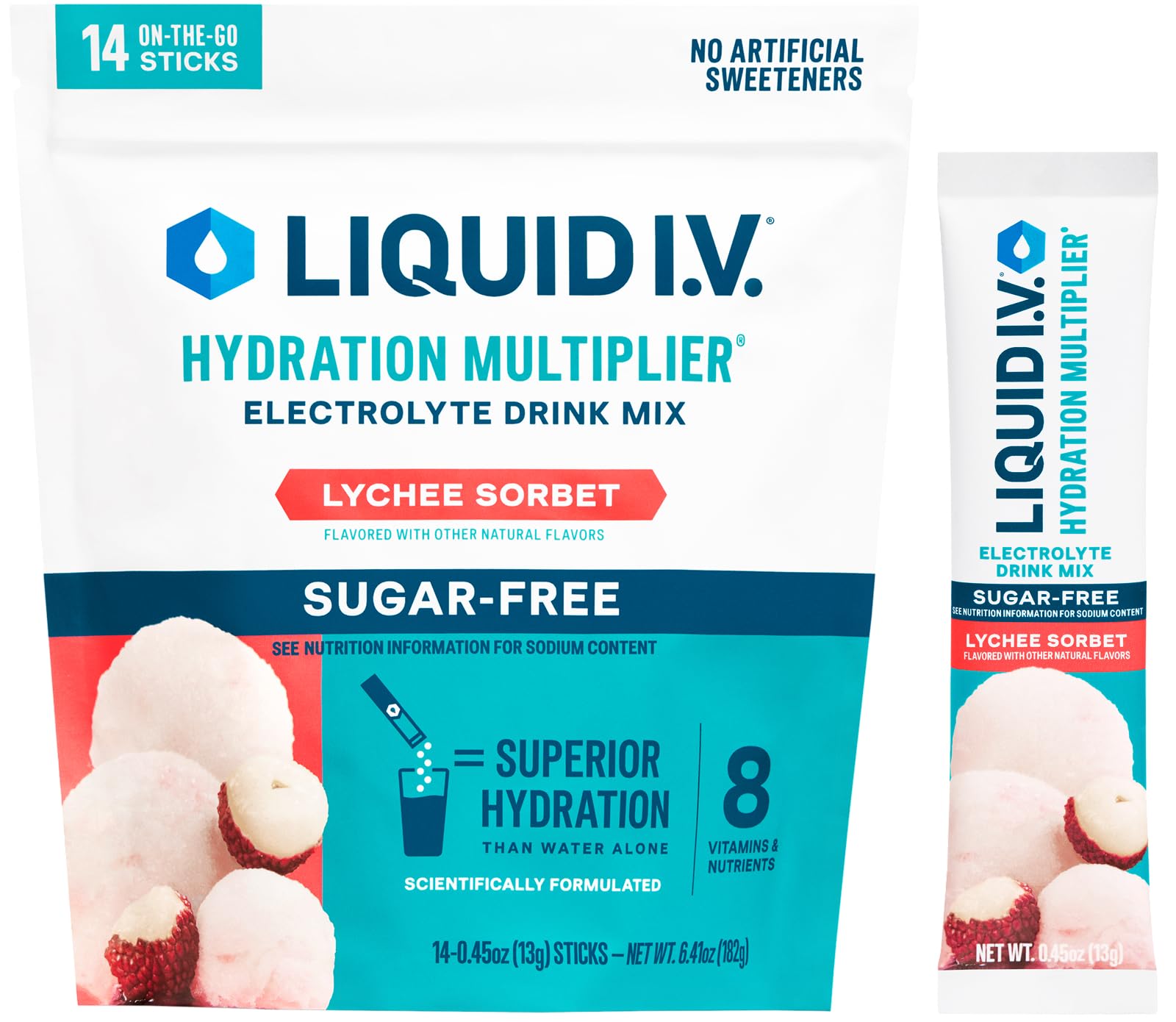Liquid I.V. empaque Lychee Sorbet mostrando 14 sobres y diseño claro para fácil transporte