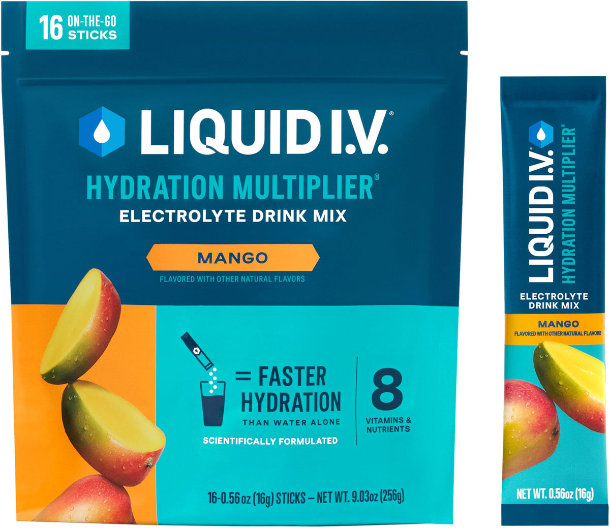 Liquid I.V. empaque frontal mango mostrando 16 sobres, fácil transporte